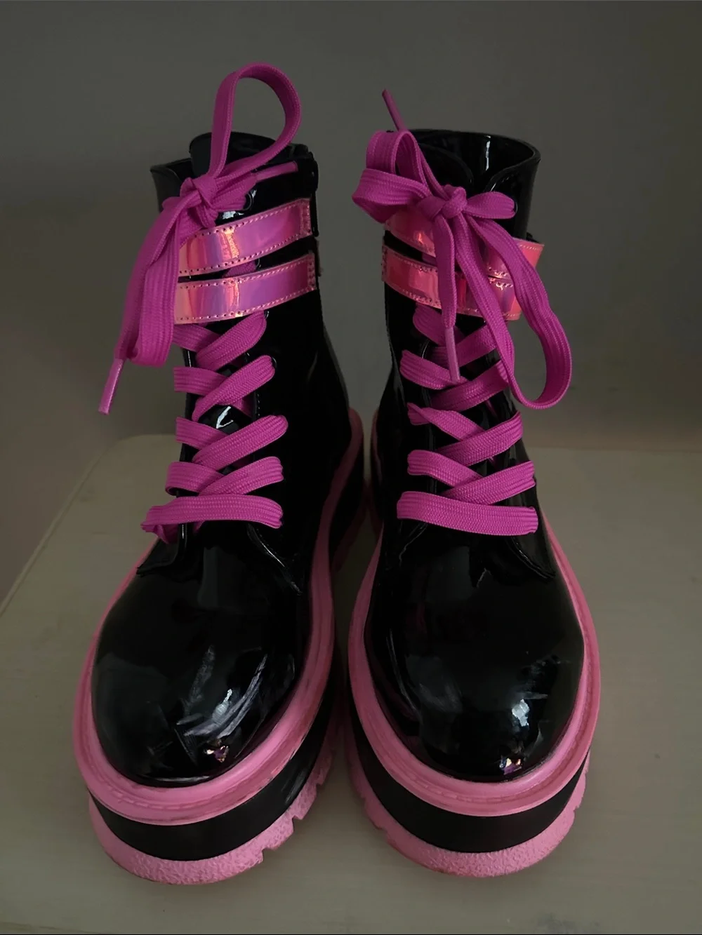 Demonia Slacker-52 Black Patent Platform Boot with Hot Pink Accents
